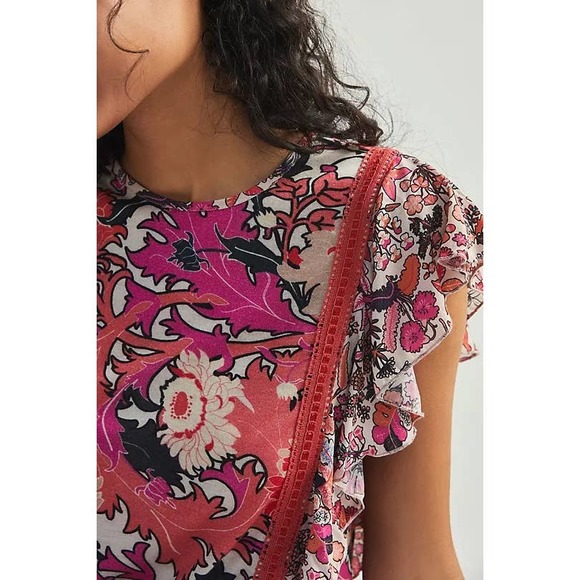 Anthropologie Conditions Apply Zofana Floral Flutter Sleeve Top Pink Medium - Picture 2 of 7